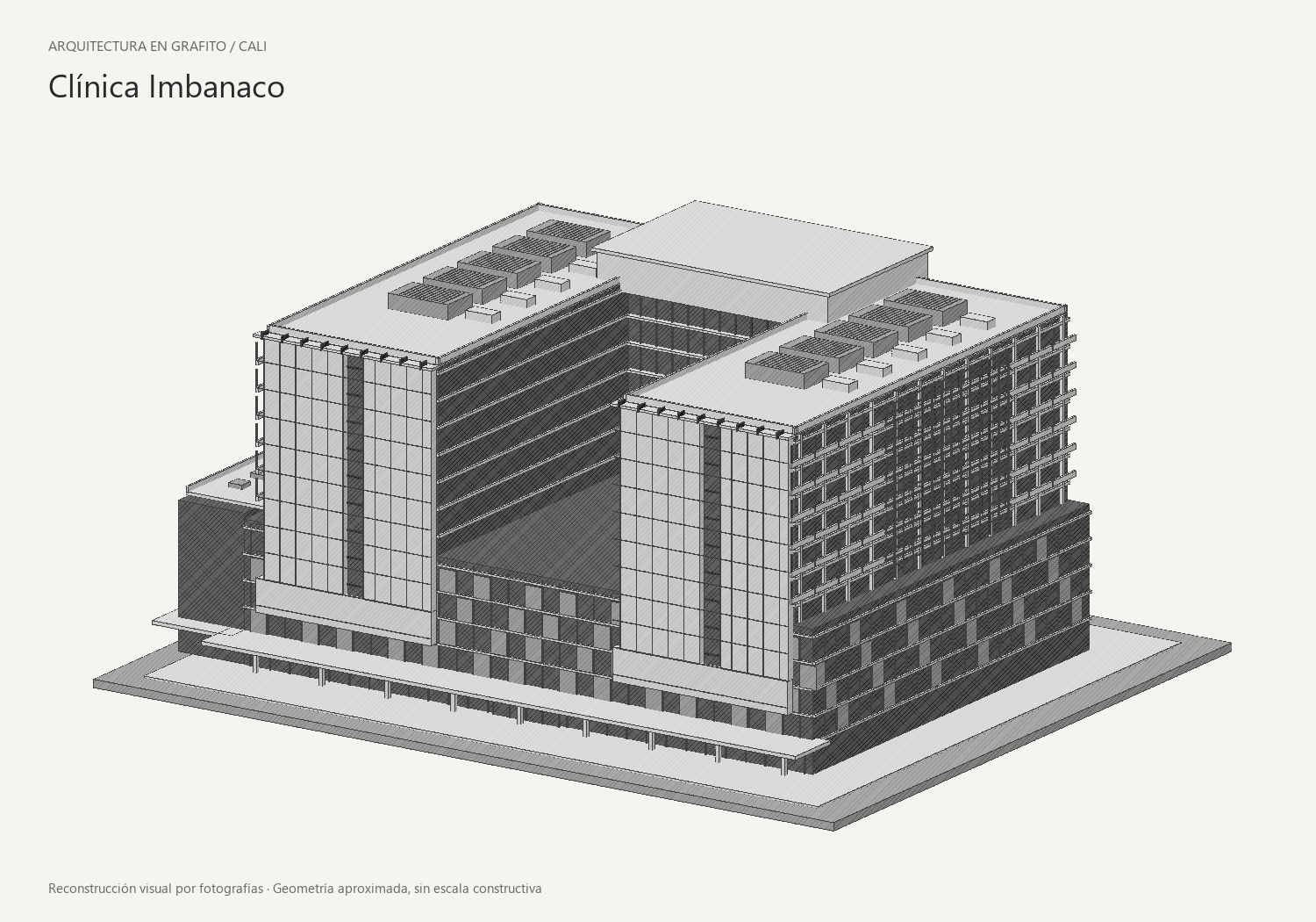 Vista fija del modelo 3D de la Clínica Imbanaco en acabado grafito